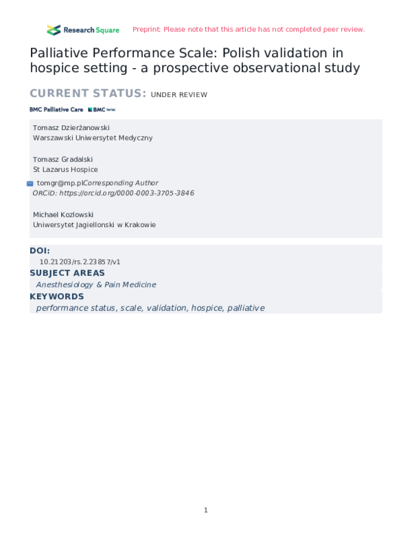 (PDF) Palliative Performance Scale: Polish validation in hospice ...