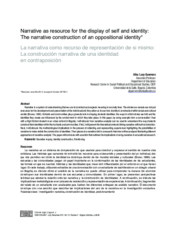 (PDF) Narrative as resource for the display of self and identity: The ...