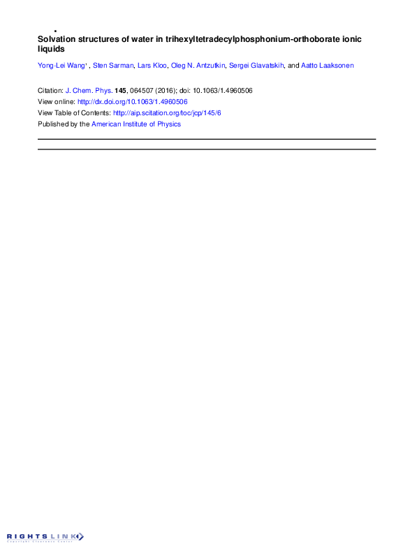 (PDF) Solvation structures of water in trihexyltetradecylphosphonium ...