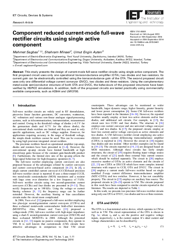 (PDF) Component reduced current‐mode full‐wave rectifier circuits using