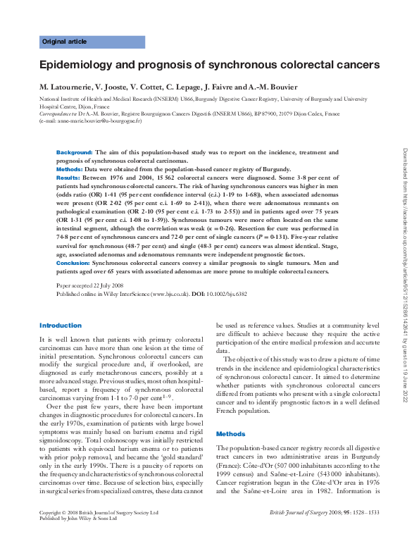 (PDF) Epidemiology and prognosis of synchronous colorectal cancers