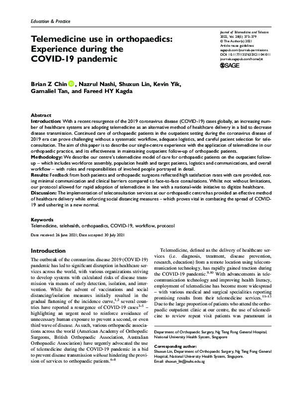 (PDF) Telemedicine use in orthopaedics: Experience during the COVID-19 ...