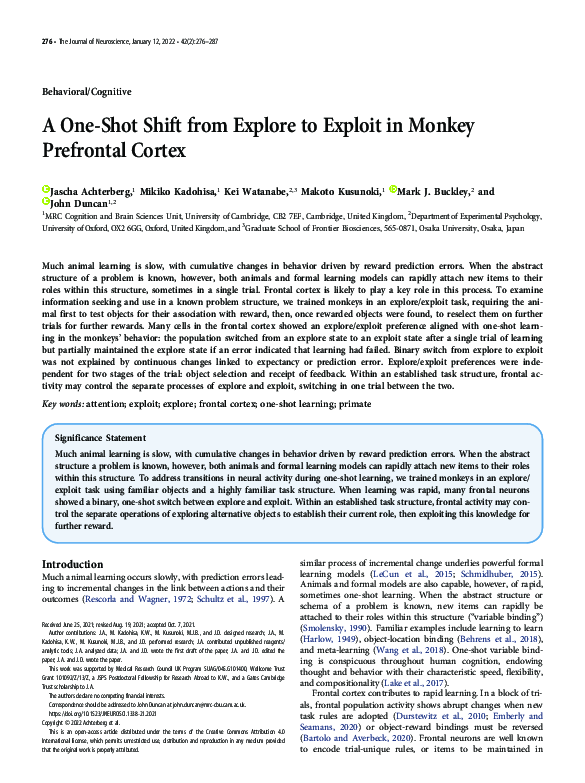 (PDF) A One-Shot Shift from Explore to Exploit in Monkey Prefrontal Cortex