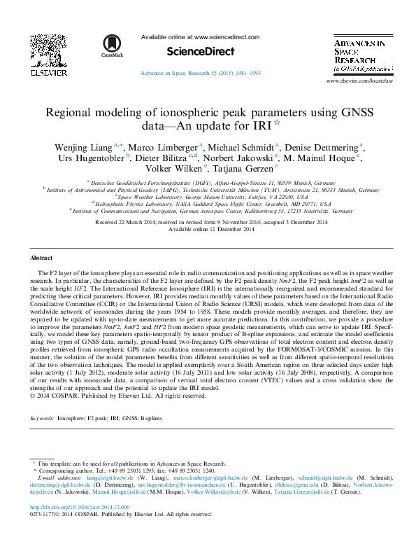 (PDF) Regional modeling of ionospheric peak parameters using GNSS data ...