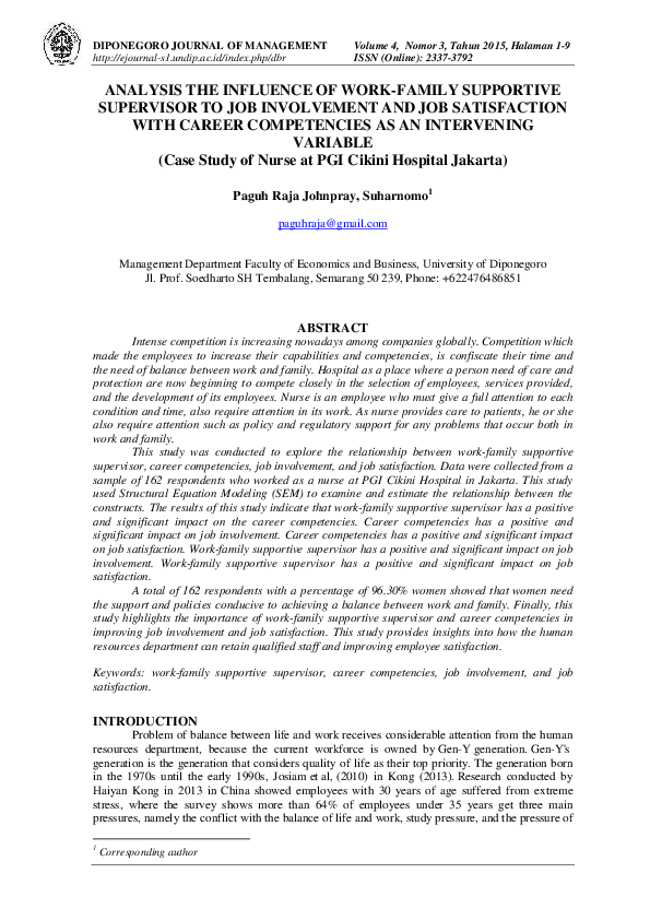 (PDF) ANALYSIS THE INFLUENCE OF WORK-FAMILY SUPPORTIVE SUPERVISOR TO ...