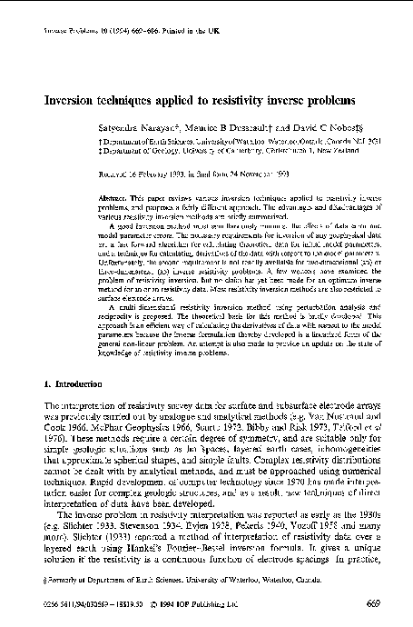 (PDF) Inversion techniques applied to resistivity inverse problems
