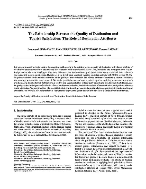 (PDF) The Relationship Between the Quality of Destination and Tourist ...