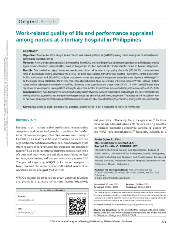 (PDF) Work‑related quality of life and performance appraisal among ...