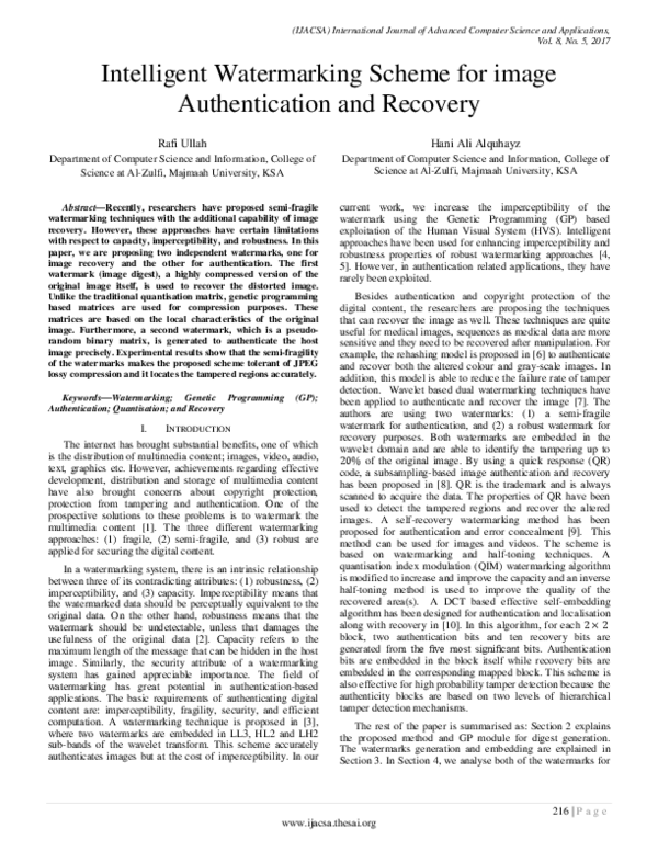 (PDF) Intelligent Watermarking Scheme for image Authentication and Recovery