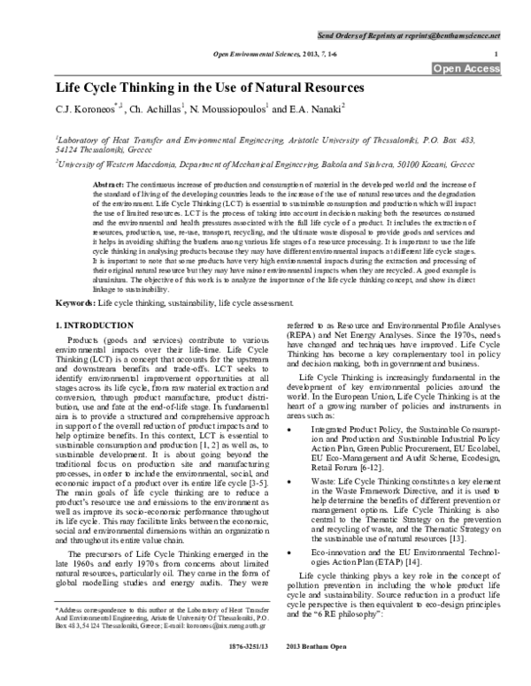 (PDF) Life Cycle Thinking in the Use of Natural Resources | Eva Nanaki ...