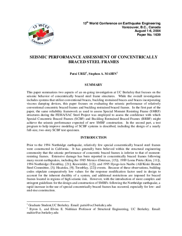 (PDF) Seismic Performance Assessment of Concentrically Braced Steel Frames