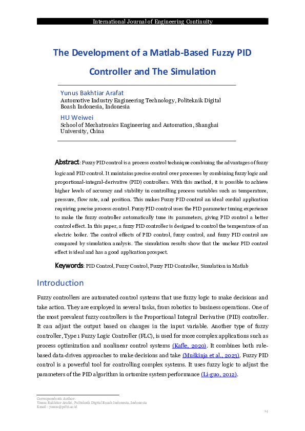 (PDF) Development of a Matlab-Based Fuzzy PID Controller and The Simulation