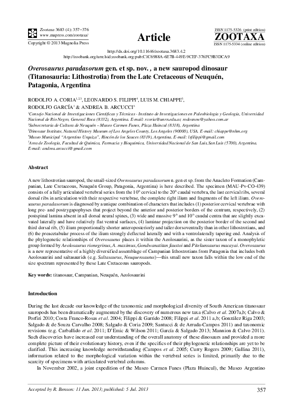 (PDF) Overosaurus paradasorum gen. et sp. nov. , a new sauropod ...
