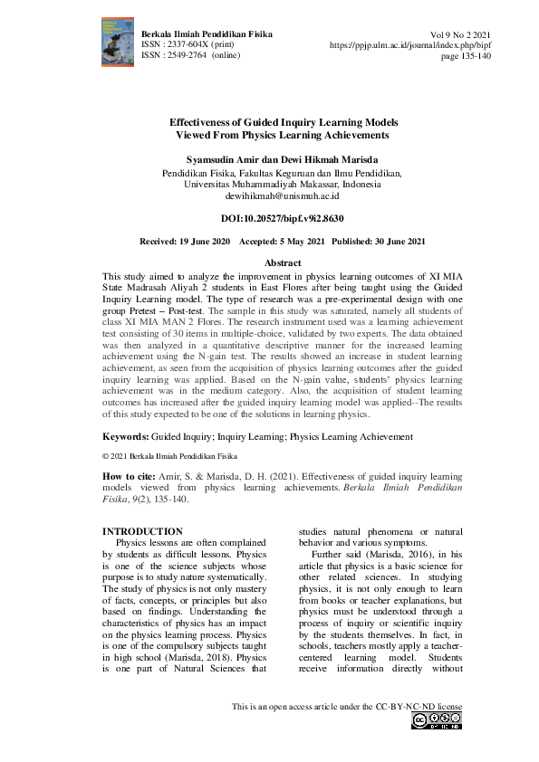 (PDF) Effectiveness of Guided Inquiry Learning Models Viewed From ...