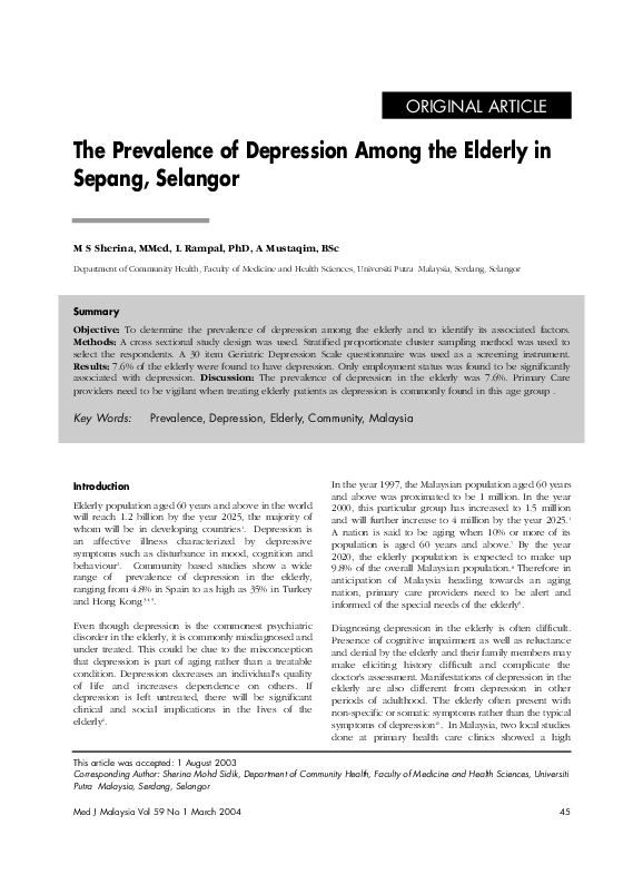 (PDF) The prevalence of depression among the elderly in Sepang, Selangor