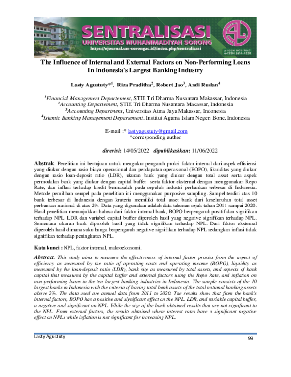 (PDF) The Influence of Internal and External Factors on Non-Performing ...