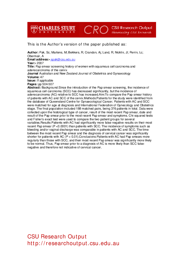 Pap smear screening history of women with squamous cell carcinoma and adenocarcinoma of the cervix