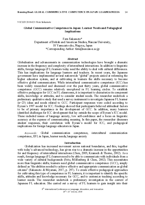 (PDF) Running Head: GLOBAL COMMUNICATIVE COMPETENCE IN JAPAN: LEARNER NEEDS