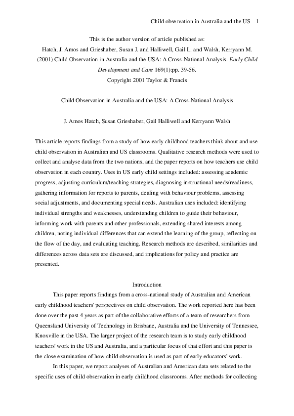 (PDF) Child Observation in Australia and the USA: A Cross-National Analysis