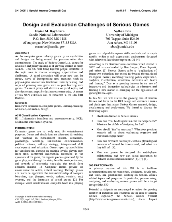 (PDF) Design and evaluation challenges of serious games