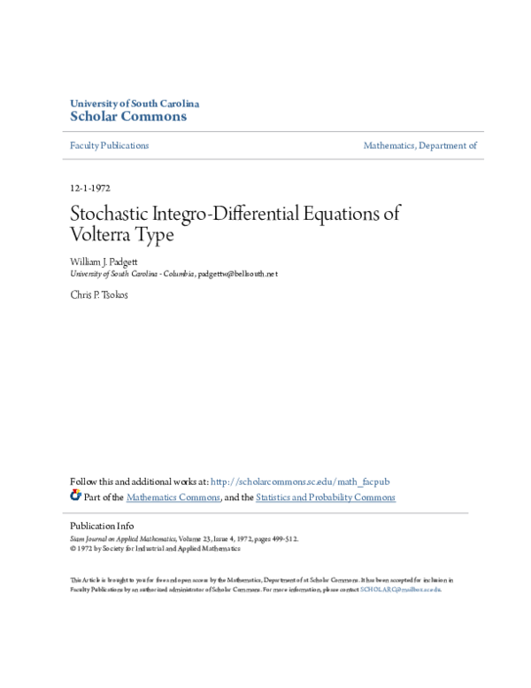 (PDF) On a Stochastic Integro-Differential Equation of Volterra Type