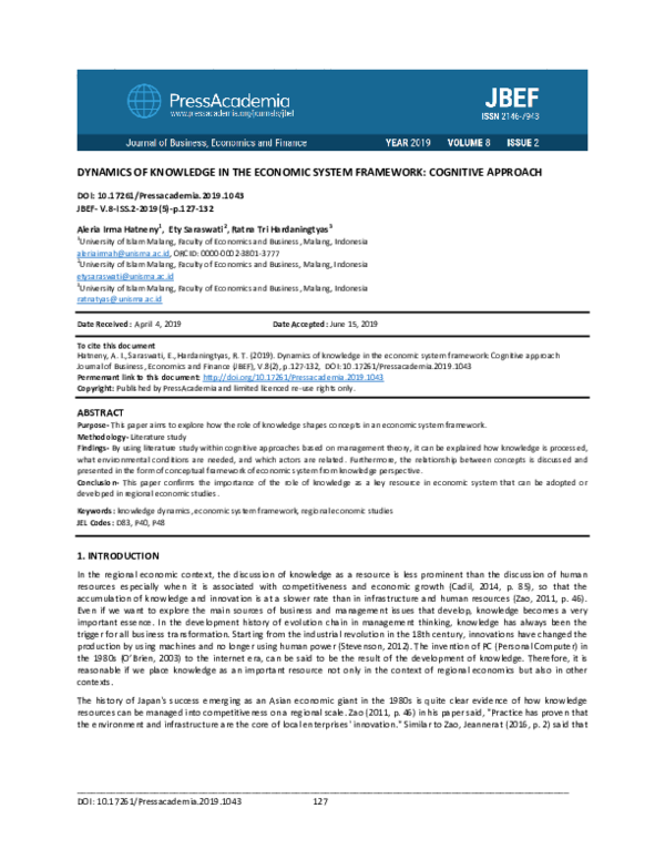 (PDF) Dynamics of knowledge in the economic system framework: Cognitive ...