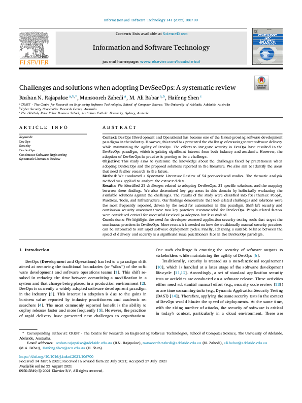 (PDF) Challenges and solutions when adopting DevSecOps: A systematic review