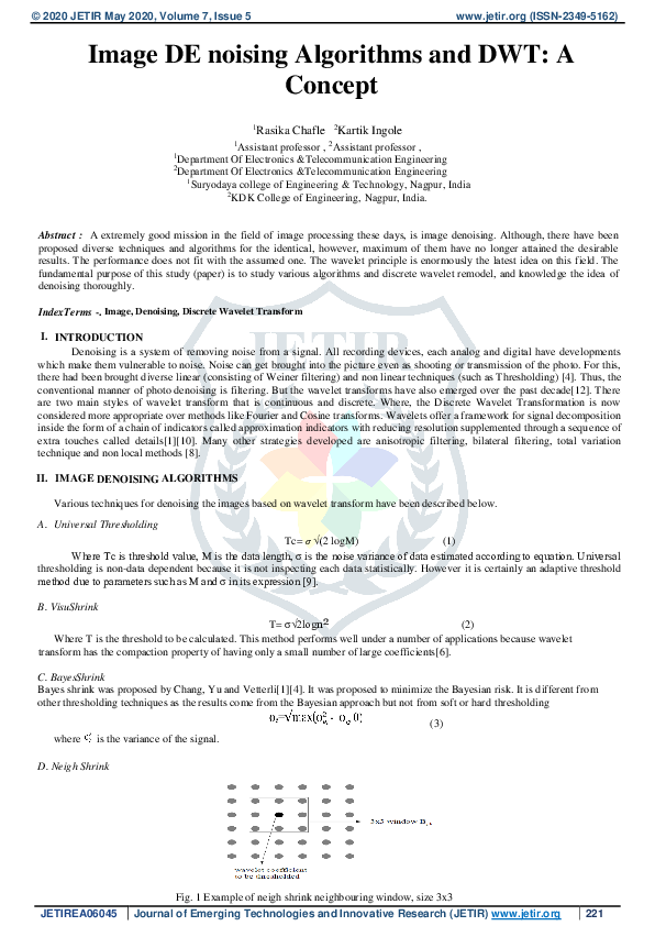 (PDF) Image Denoising Algorithms and DWT: A Concept
