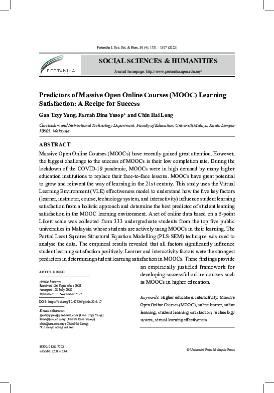 (PDF) Predictors of Massive Open Online Courses (MOOC) Learning ...