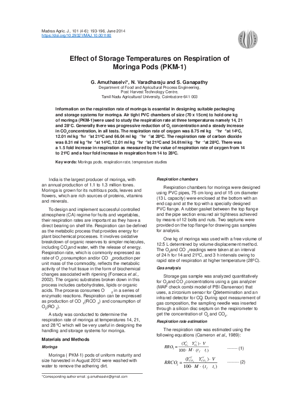 (PDF) Effect of Storage Temperatures on Respiration of Moringa Pods (PKM-1)