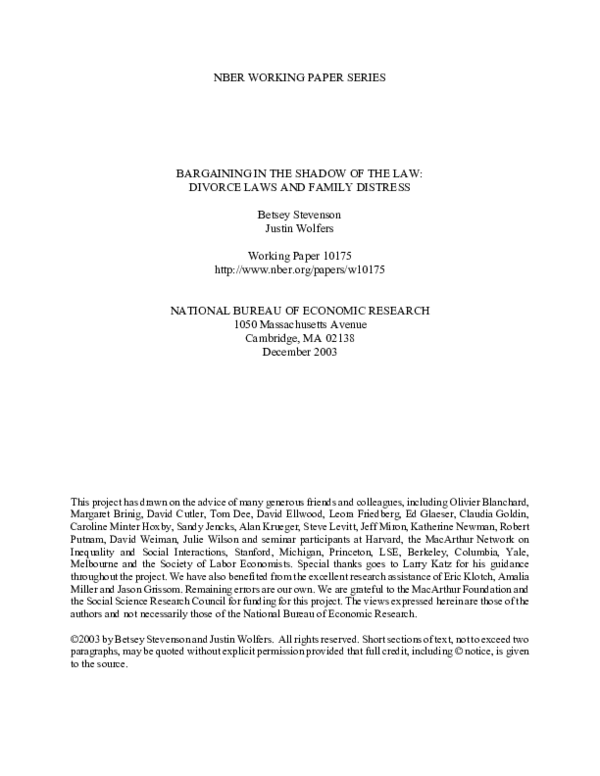 (PDF) Bargaining in the Shadow of the Law: Divorce Laws and Family Distress