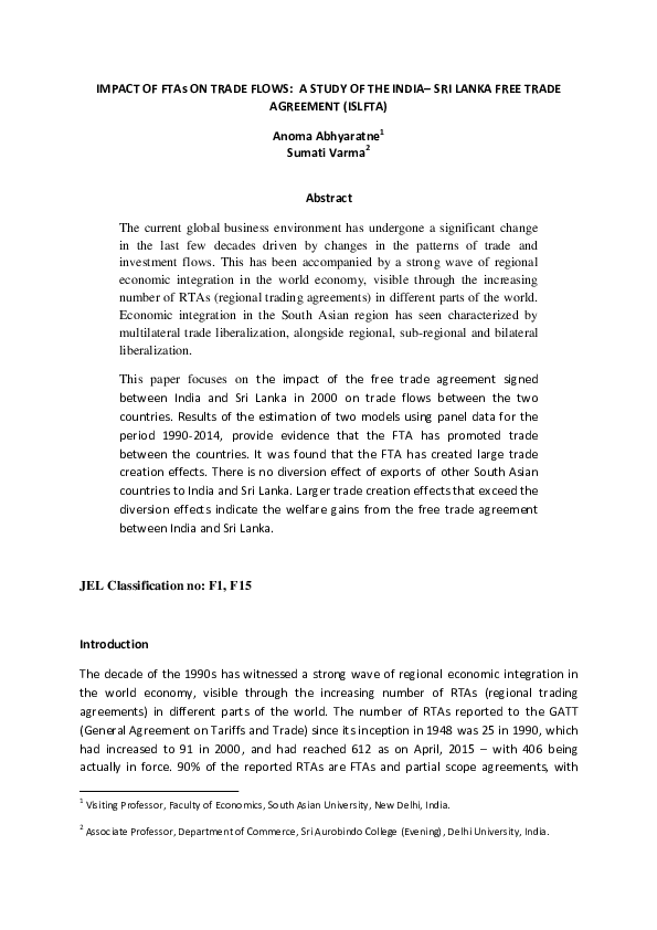(PDF) Impact of FTAs on Trade Flows: A Study of the India– Sri Lanka ...