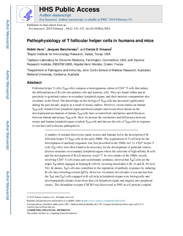 (PDF) Pathophysiology of T follicular helper cells in humans and mice