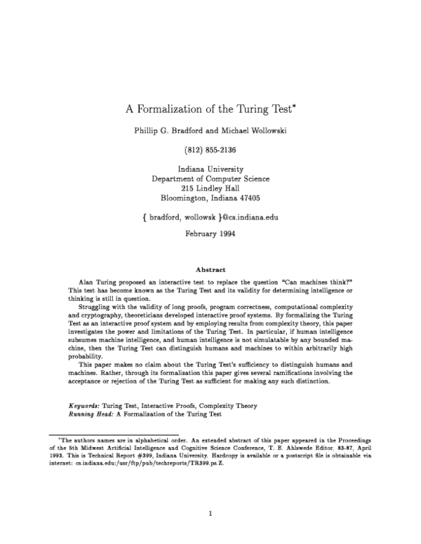 (PDF) A formalization of the Turing test