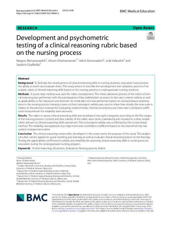 (PDF) Development and psychometric testing of a clinical reasoning ...