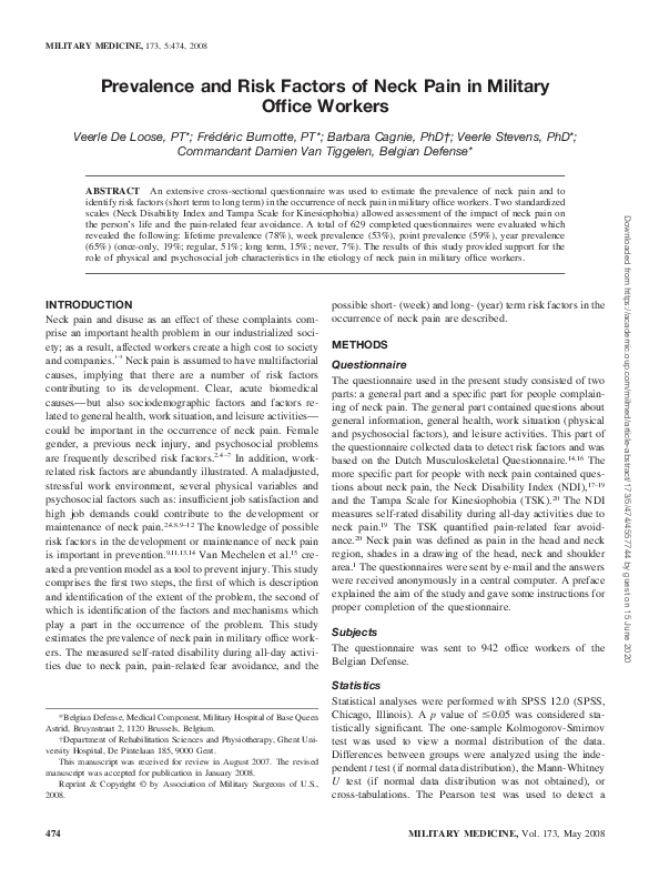 (PDF) Prevalence and Risk Factors of Neck Pain in Military Office Workers