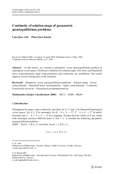 (PDF) Continuity of solution maps of parametric quasiequilibrium problems