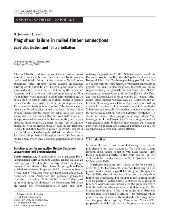 (PDF) Plug shear failure in nailed timber connections