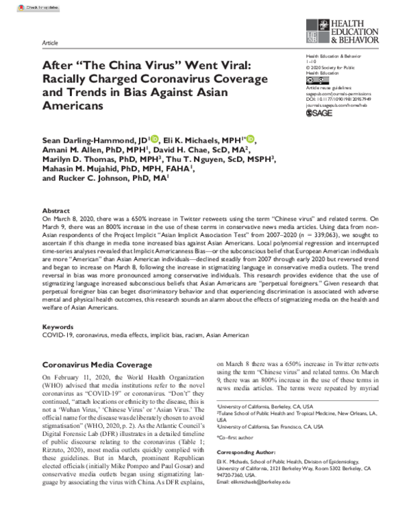 After “The China Virus” Went Viral: Racially Charged Coronavirus Coverage and Trends in Bias Against Asian Americans