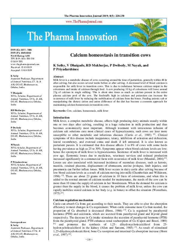 (PDF) Calcium homeostasis in transition cows