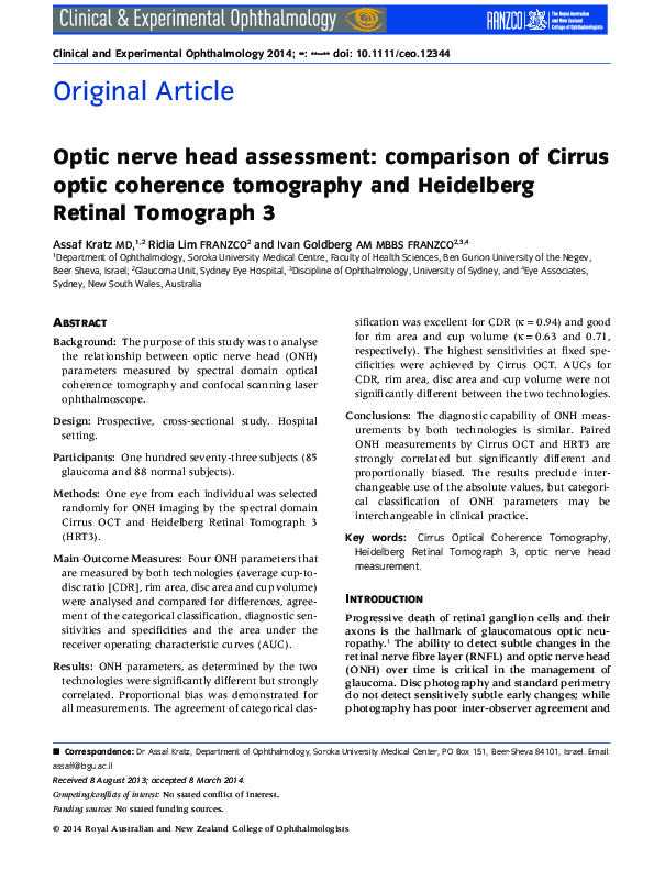 (PDF) Optic nerve head assessment: comparison of Cirrus optic coherence ...
