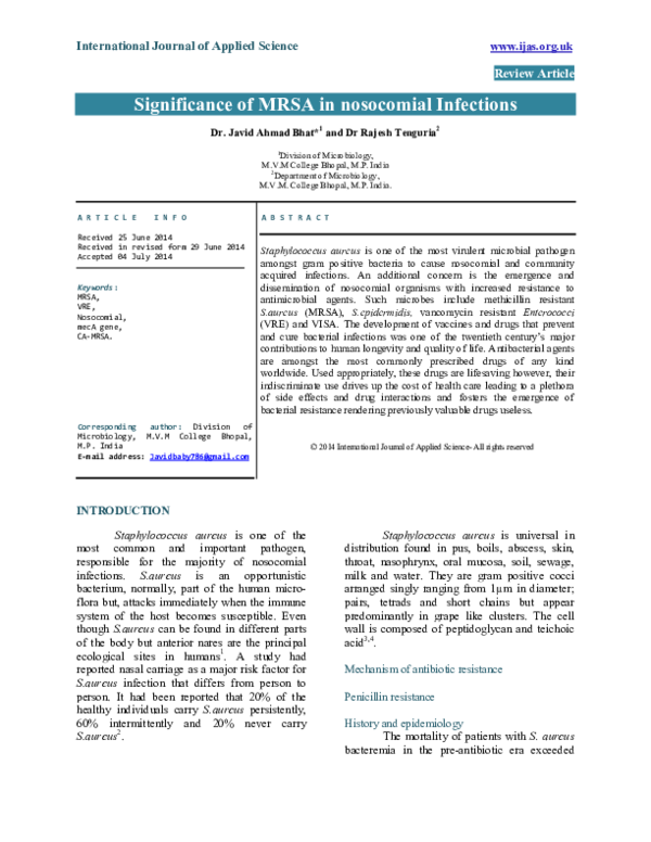(PDF) Significance of MRSA in nosocomial Infections