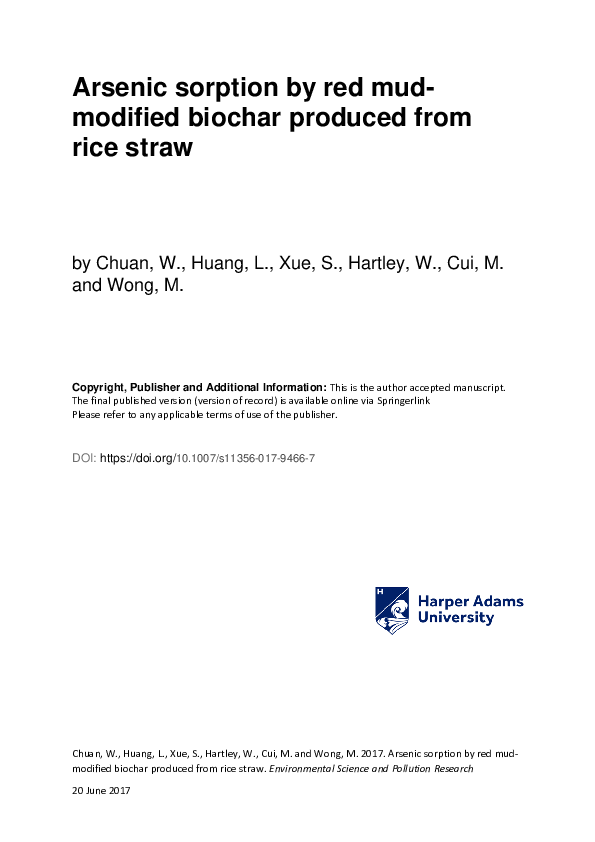 (PDF) Arsenic sorption by red mudmodified biochar produced from rice straw Ming Wong