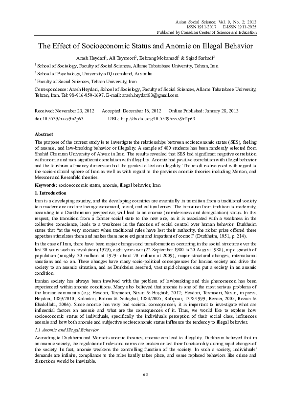 (PDF) The Effect of Socioeconomic Status and Anomie on Illegal Behavior