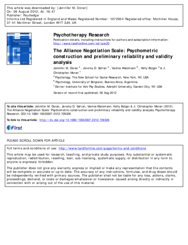 (PDF) The Alliance Negotiation Scale: Psychometric construction and ...