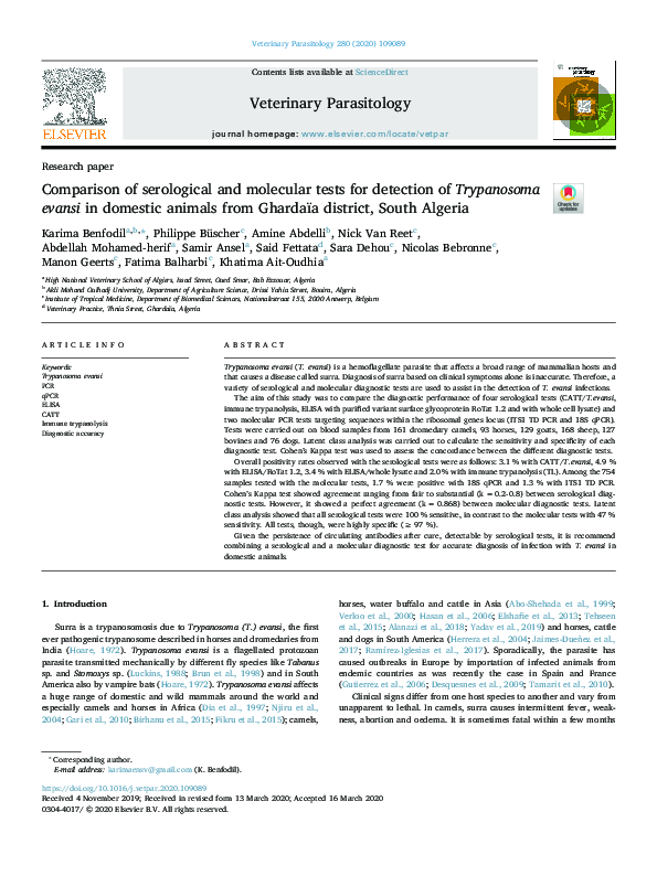 (PDF) Comparison of serological and molecular tests for detection of ...