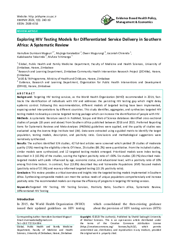 (PDF) Exploring HIV Testing Models for Differentiated Service Delivery ...