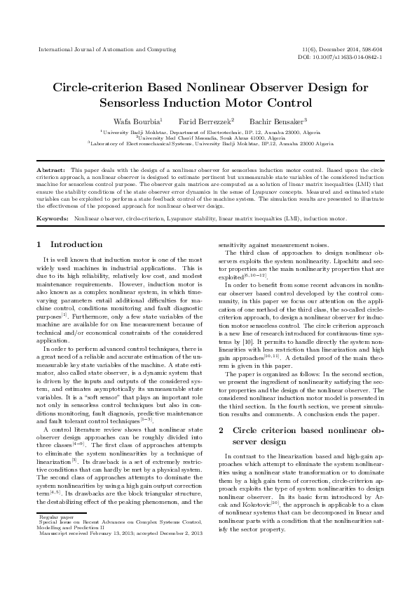 (PDF) Circle-criterion Based Nonlinear Observer Design for Sensorless ...