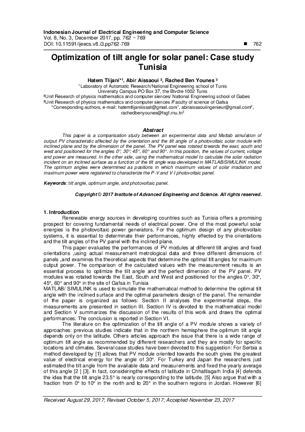 (PDF) Optimization of tilt angle for solar panel: Case study Tunisia