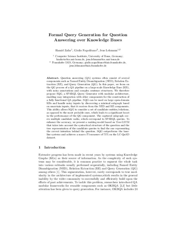 (PDF) Formal Query Generation for Question Answering over Knowledge Bases